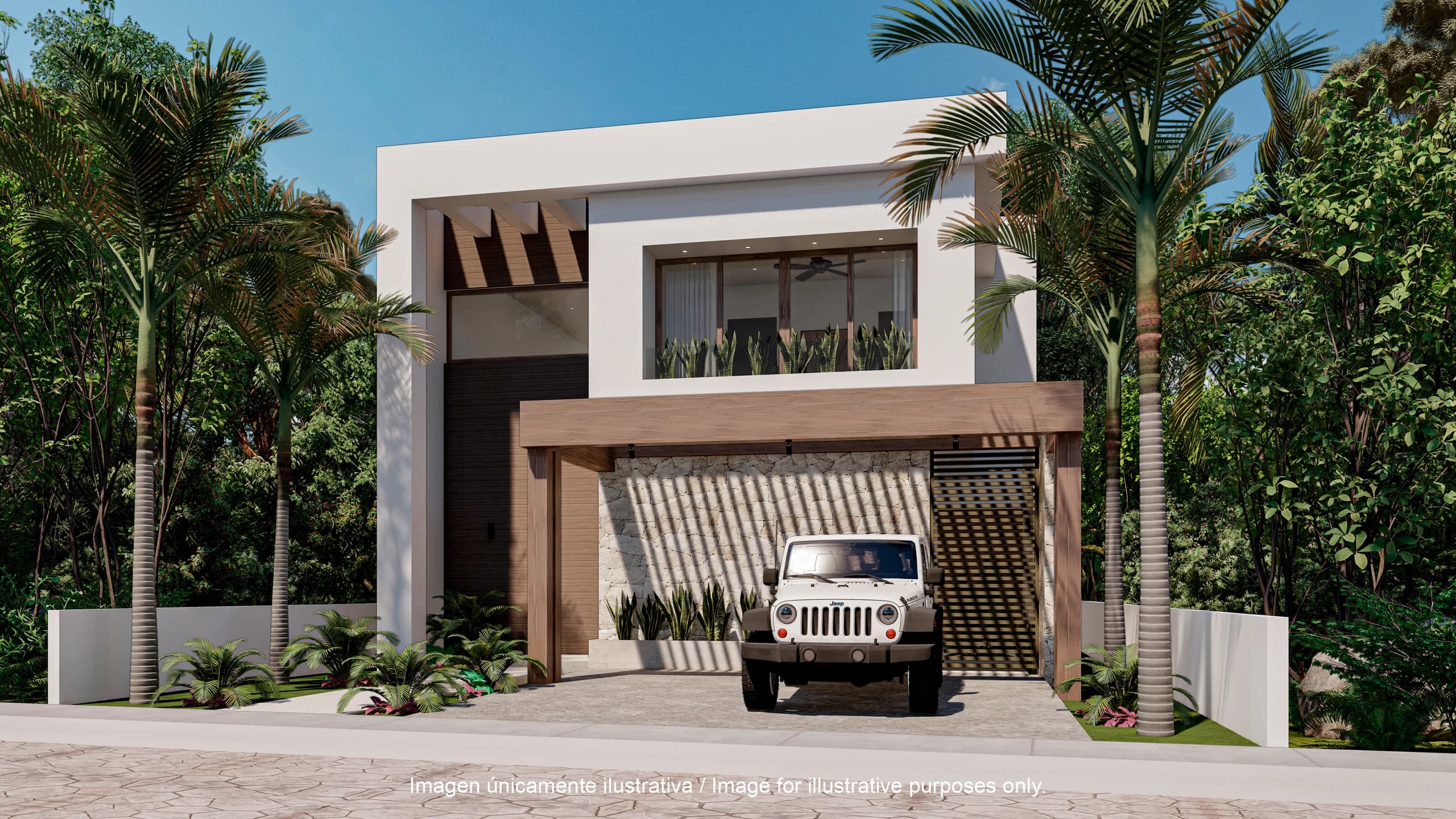 Render ilustrativo de una villa con alberca de Villas Aliada