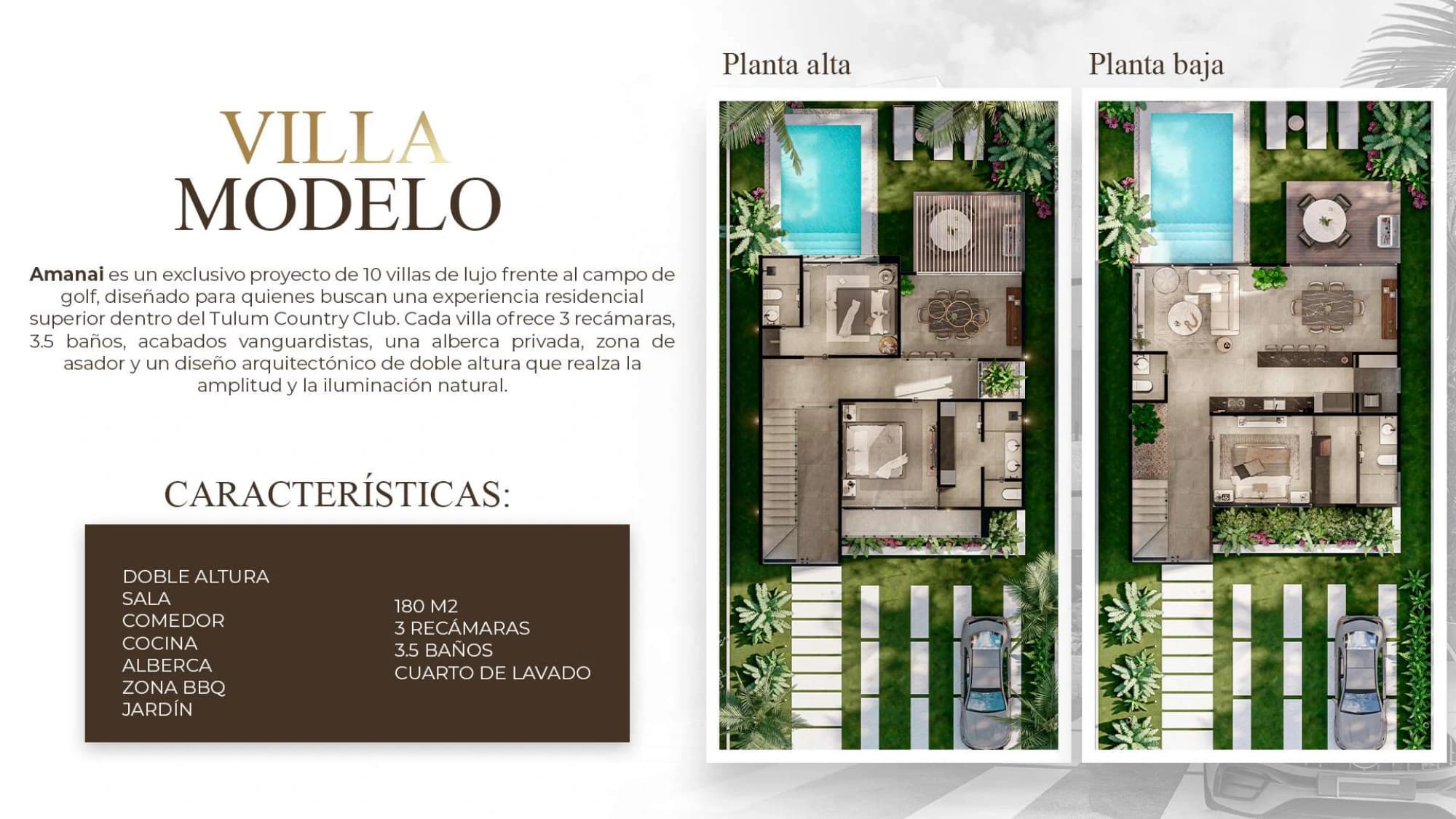 Planta baja y planta alta de la villa modelo Amanai, página 15 del brochure