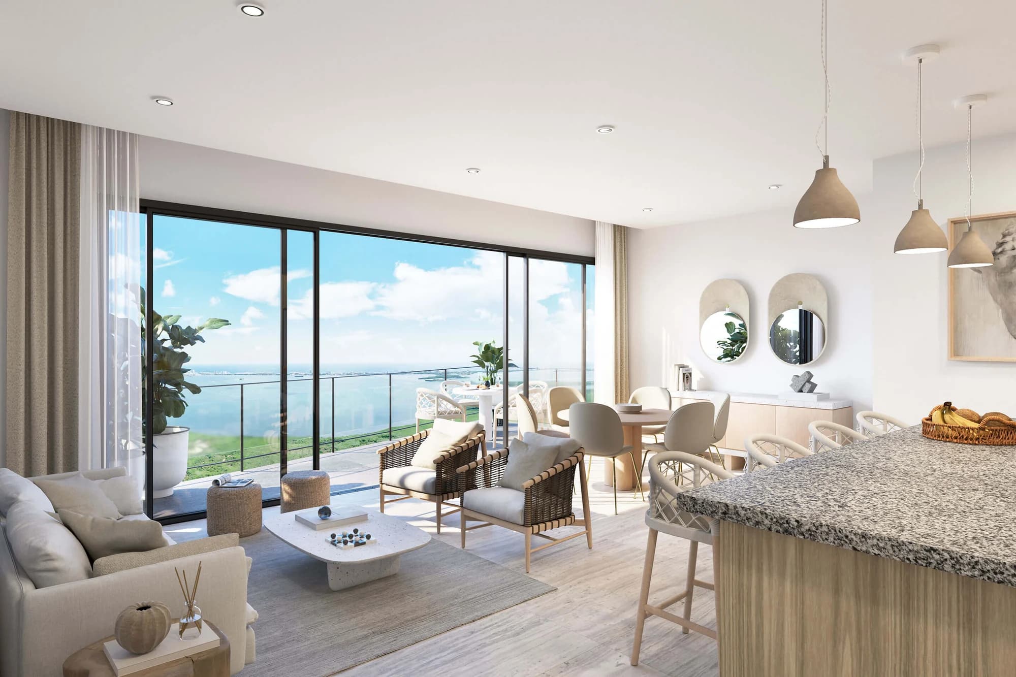 Render oficial de sala y cocina de Aurora Towers