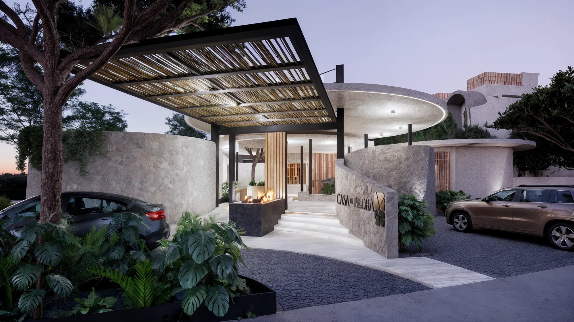 Render oficial del acceso principal de Casa de Piedra