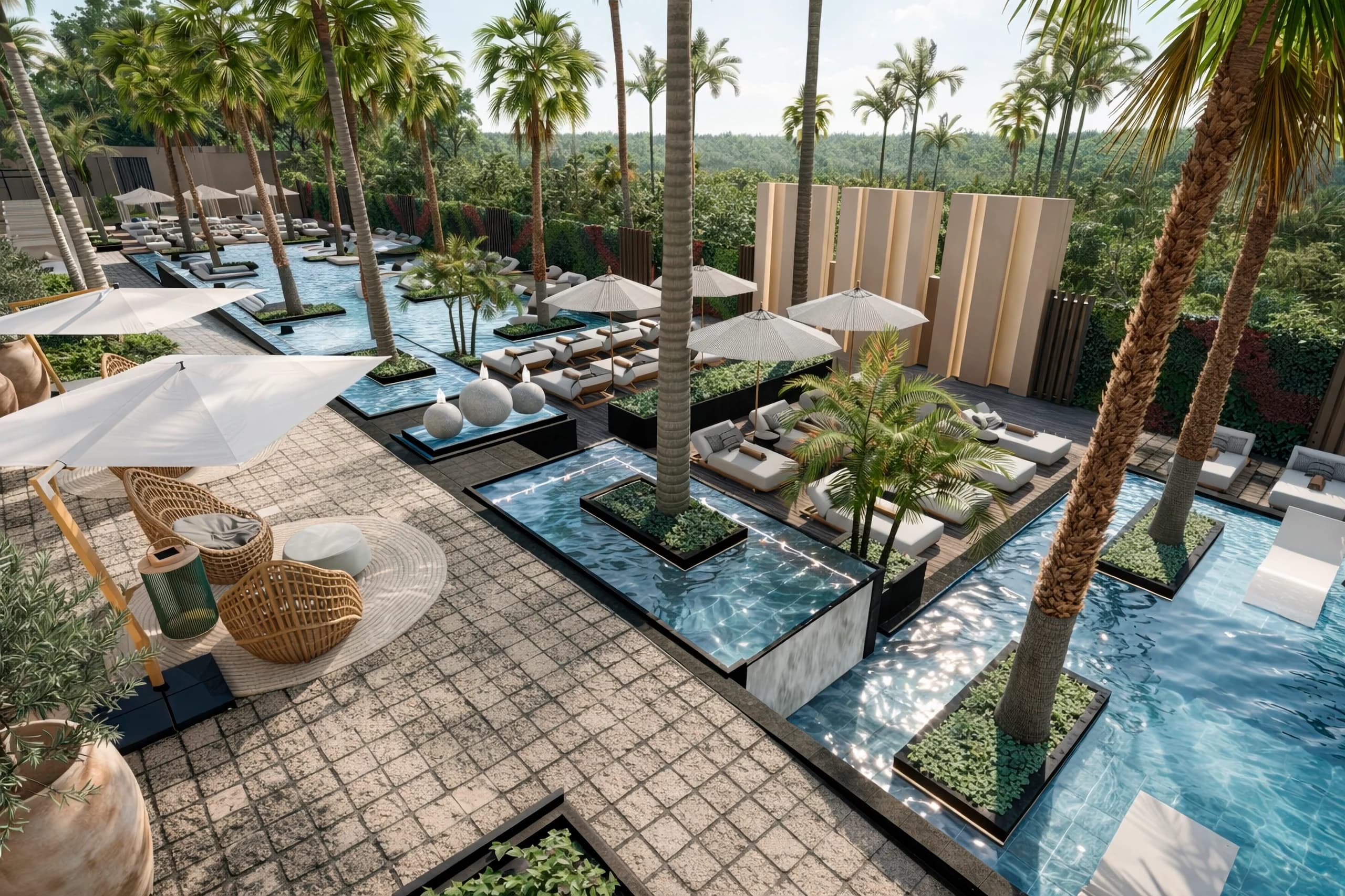 Render oficial de las albercas y jardines de Distrito Xcalacoco Beach