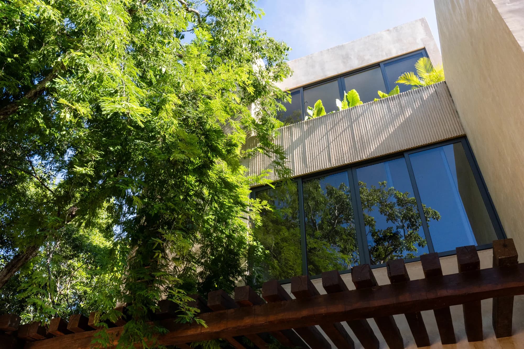 Fachada de una villa Junglar entre los árboles de Kaybé