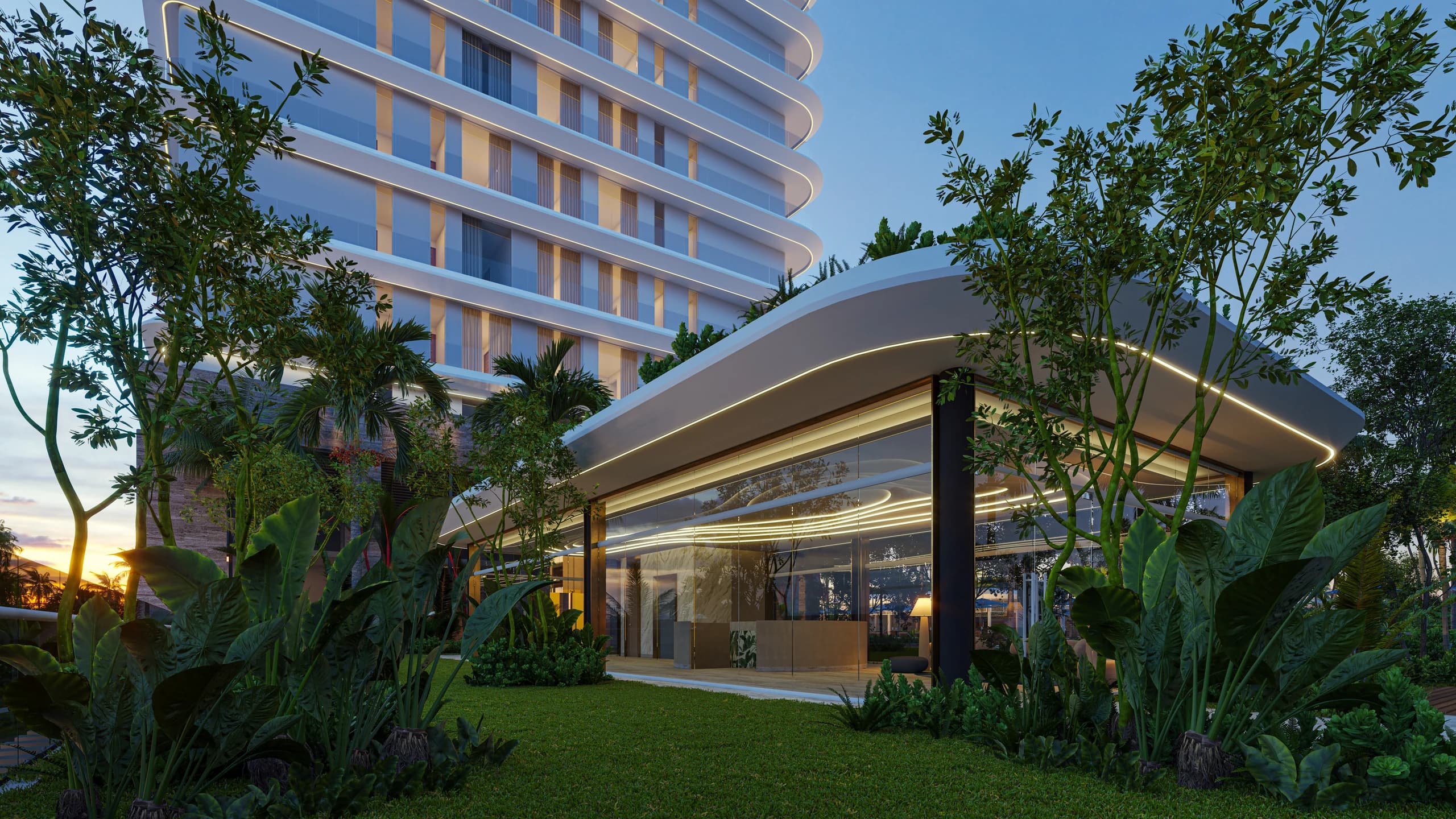 Render oficial de la arquitectura y jardines de Náutica Residences
