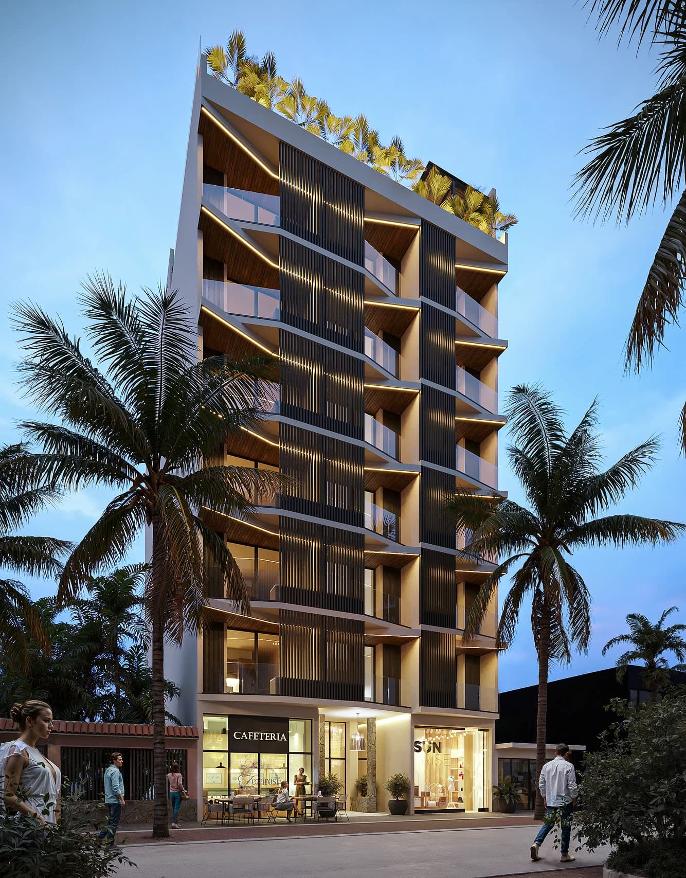 Render oficial de la fachada de Petrus Condos en Playa del Carmen