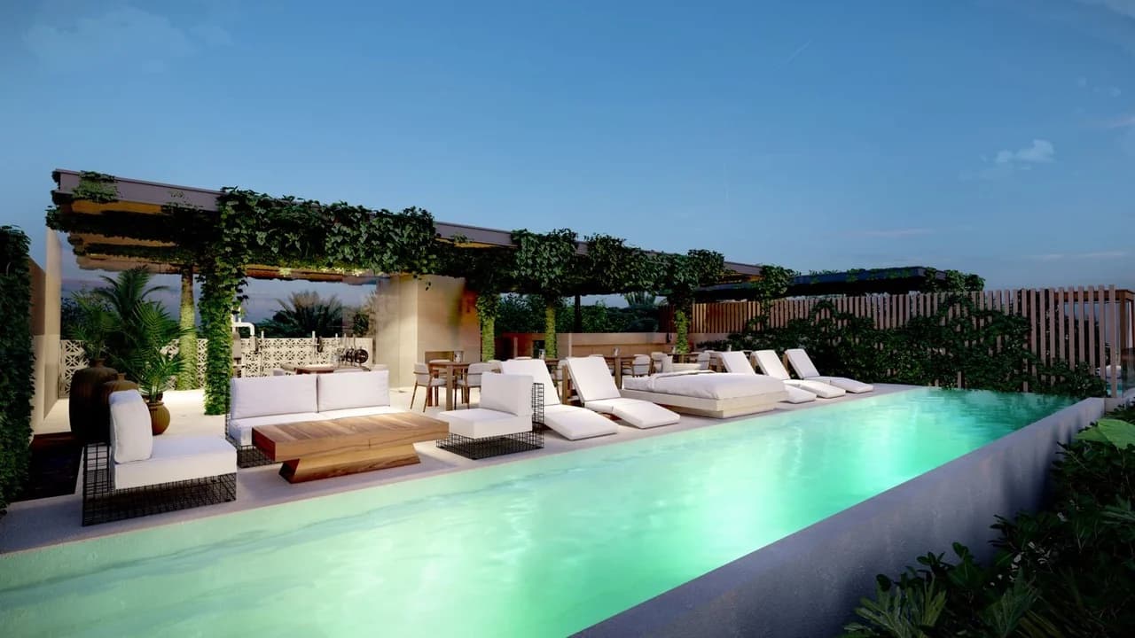 Render oficial de alberca en el solario de SOLEii Playacar