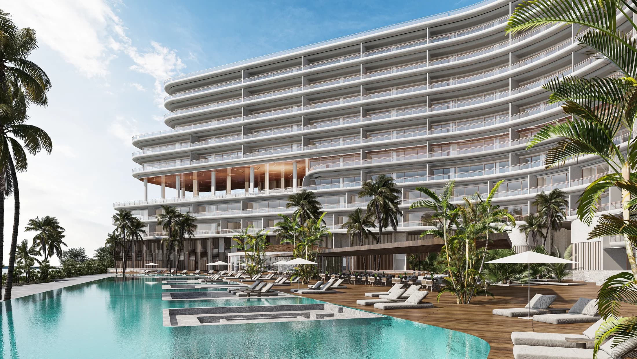 Render oficial de alberca y fachada de St. Regis Costa Mujeres